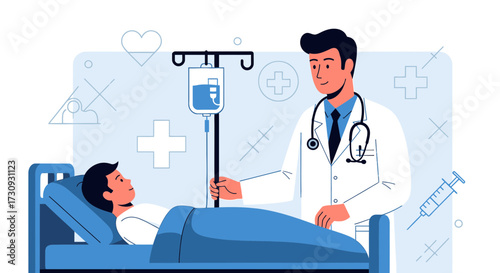 Illustration of a doctor attending to a young patient in a hospital with care