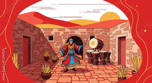Illustration of a cultural performance with drums in a traditional Middle Eastern setting with