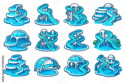 Collection of twelve blue water slide structures with unique designs