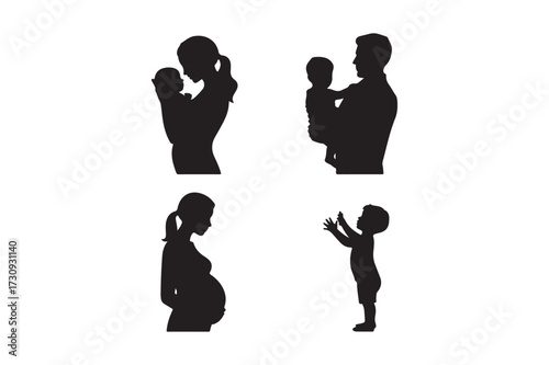 Silhouettes of family moments motherhood fatherhood pregnancy and childhood