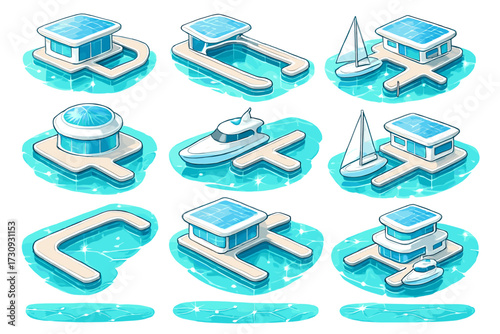 Futuristic floating buildings with solar panels on water with boats and yachts