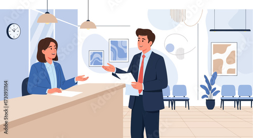 Illustration of a customer interacting with a receptionist at a modern reception desk or lobby