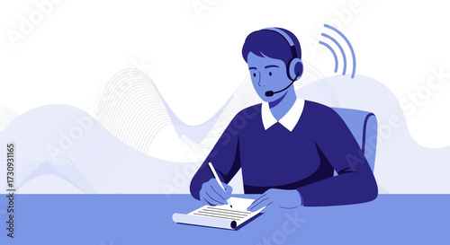 Illustration of a customer service representative working with a headset on call recording