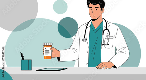 Illustration of a doctor holding a prescription bottle in his office setting vector art