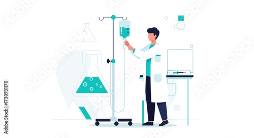 Illustration of a doctor preparing an IV drip in a clean and modern medical setting