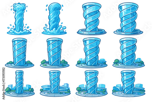 Evolution of a twisting water column into a glass tower