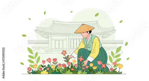 Illustration of a Korean Woman in Traditional Clothing tending to a Garden near a Traditional
