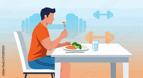 Illustration of a man eating healthy food after workout with dumbbells background