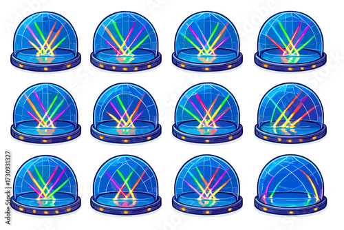 Colorful neon laser show in transparent glass domes with vibrant light patterns