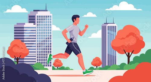 Illustration of a man jogging in a city park maintaining a healthy lifestyle