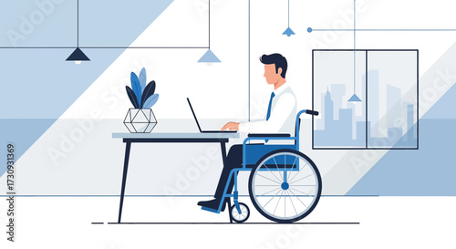 Illustration of a man in wheelchair working on laptop at his office desk with a city view through