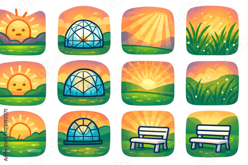 Cartoon nature icons collection: sunsets, greenhouses, and benches in scenic landscapes