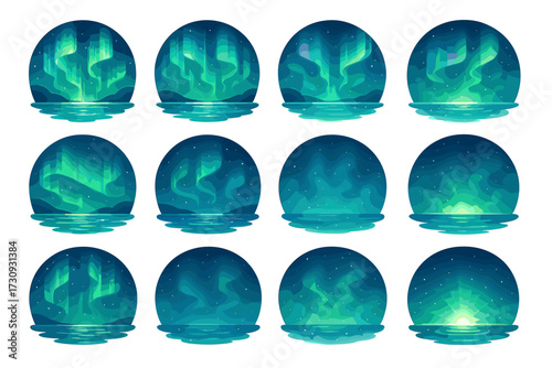 Collection of northern lights reflections in oval frames with starry skies