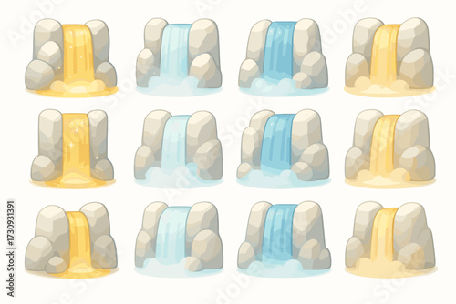 Collection of cartoon waterfalls with varying rock designs and colors