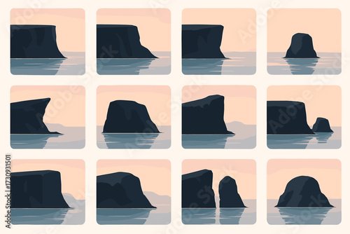 Minimalist ocean cliffs at sunset in a grid of twelve panels