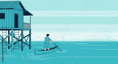 Illustration of a man rowing a canoe near a stilt house in a serene coastal landscape