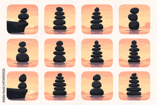 Twelve stacked rock formations at sunset over water with reflections