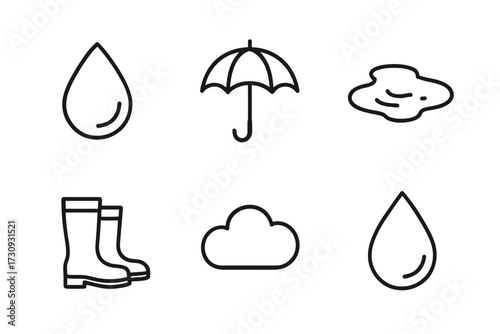 Weather icons set: raindrop, umbrella, cloud, puddle, boots