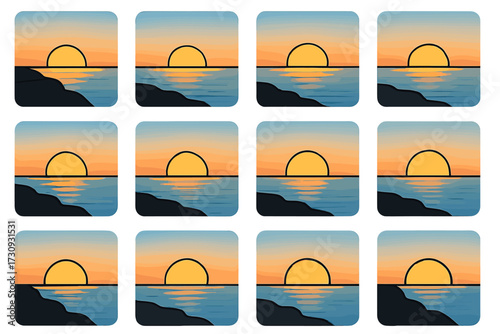 Serene coastal sunset series with reflective waves and gradual horizon changes