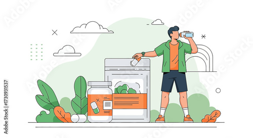 Illustration of a man taking supplements with a water bottle and natural backdrop promoting