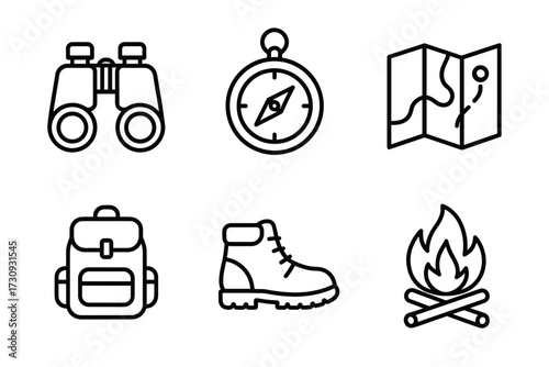 Outdoor adventure icons: binoculars, compass, map, backpack, boot, campfire
