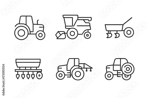 Outline icons of farming vehicles and equipment on white background