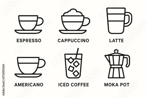 Simple line icons of popular coffee drinks and moka pot