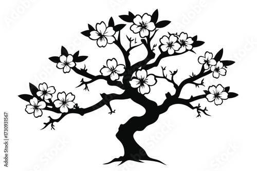Stylized Bonsai Tree Silhouette with Blossoms and Leaves, Elegant Floral Design Element