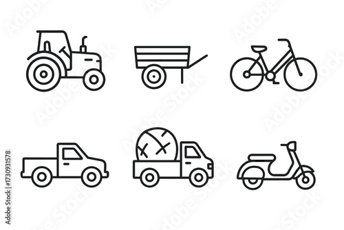 Outline icons of tractor, wagon, bicycle, pickup truck, cargo truck, and scooter
