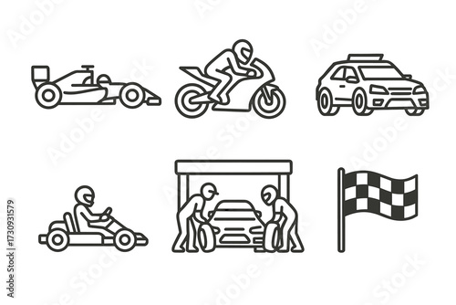 Outline icons: race car, motorcycle, taxi, go-kart, pit crew, checkered flag