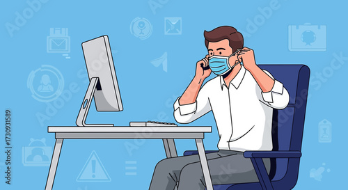 Illustration of a man working from home wearing a mask during the pandemic era