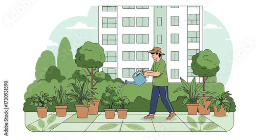 Illustration of a man watering plants in an urban rooftop garden environment promoting