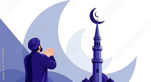 Illustration of a muslim man praying towards a mosque with crescent moon backdrop