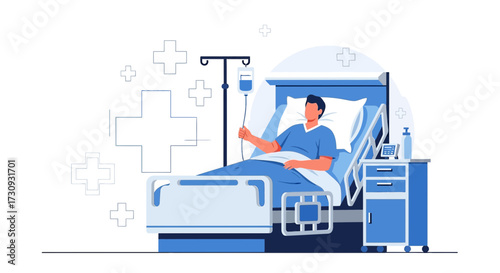 Illustration of a patient receiving intravenous therapy in a hospital bed during recovery
