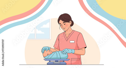 Illustration of a nurse weighing a newborn baby in a hospital setting attentively examining the