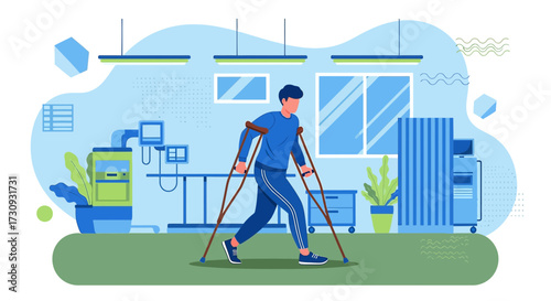 Illustration of a patient with crutches undergoing rehabilitation therapy recovery in a medical