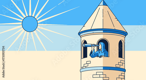Illustration of a person in a tower using a telescope searching for opportunities