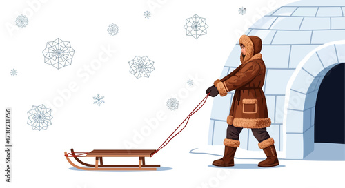Illustration of a person pulling a sled near an igloo in a snowy winter landscape showcasing