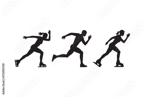 Silhouettes of three ice skaters in motion on a white background