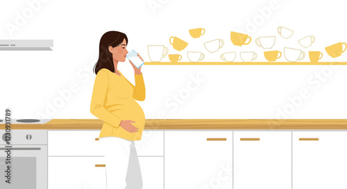 Illustration of a pregnant woman drinking water in a modern kitchen for hydration and health