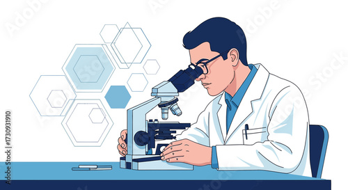 Illustration of a scientist using a microscope in a laboratory setting showcasing scientific