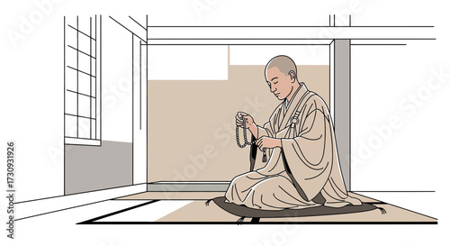 Illustration of a serene buddhist monk meditating with prayer beads in traditional interior setting