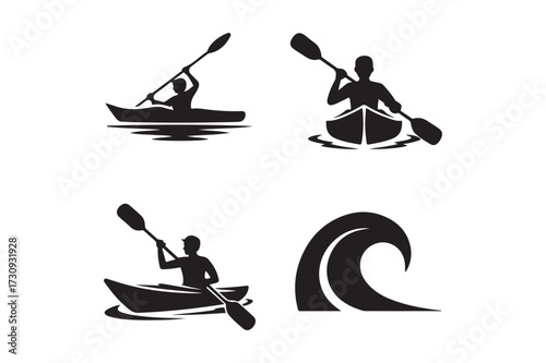 Kayaking and wave silhouette icons for water sports