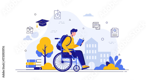 Illustration of a student with a disability reading a book on campus for accessibility
