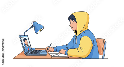 Illustration of a student attending an online class and taking notes during a video call
