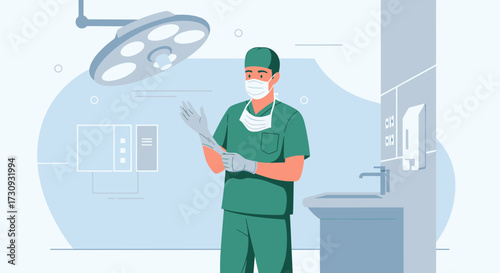 Illustration of a surgeon preparing for surgery by putting on sterile gloves in operating room
