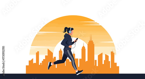 Illustration of a woman jogging through a city at sunset with headphones on enjoying music