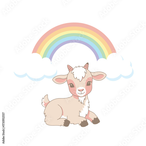 Cute baby goat sitting under a pastel rainbow and fluffy clouds isolated on white background
