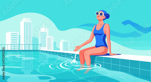 Illustration of a woman relaxing by a rooftop pool with a city skyline backdrop creating tranquil