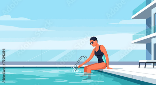 Illustration of a woman relaxing by the pool in a modern resort setting with blue sky and